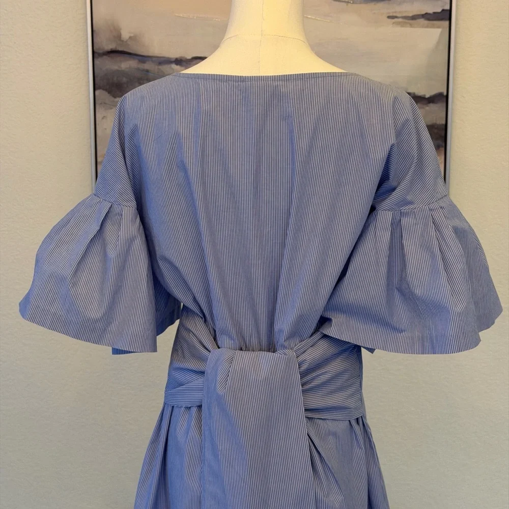 100% cotton Blue White Striped Midi Dress with Flare Sleeves - Picture 11 of 16